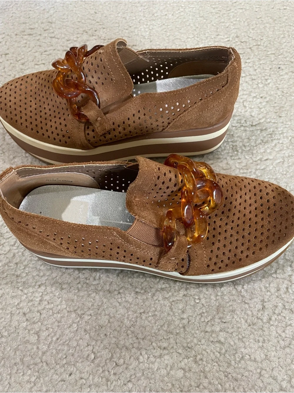 Dolce Vita Tan Suede Platform Slip-On Loafers with Amber Chain